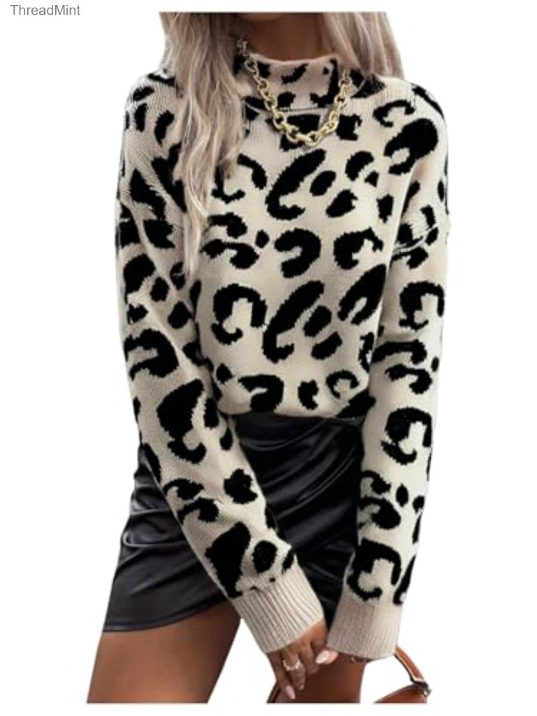 Long Sleeve Mock Neck Leopard Print Drop Shoulder Knit Pullover Sweater